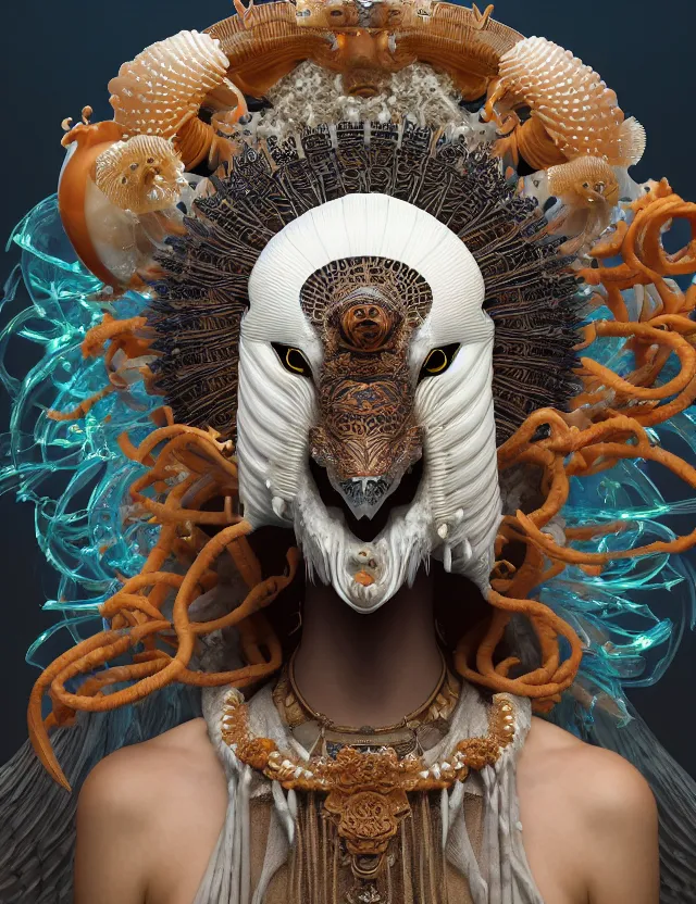 Image similar to 3 d goddess close - up 3 / 4 portrait with ram skull. beautiful intricately detailed japanese crow kitsune mask and clasical japanese kimono. betta fish, jellyfish phoenix, bio luminescent, plasma, ice, water, wind, creature, artwork by tooth wu and wlop and beeple and greg rutkowski