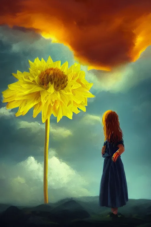 Image similar to closeup girl with large yellow dahlia flower face, standing on mountain, surreal photography, blue storm clouds, dramatic light, impressionist painting, digital painting, artstation, simon stalenhag