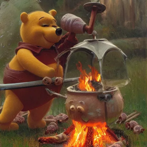 Prompt: close up of winnie the pooh spit roasting a whole pig over a fire, cinematographic shot, by daniel f. gerhartz