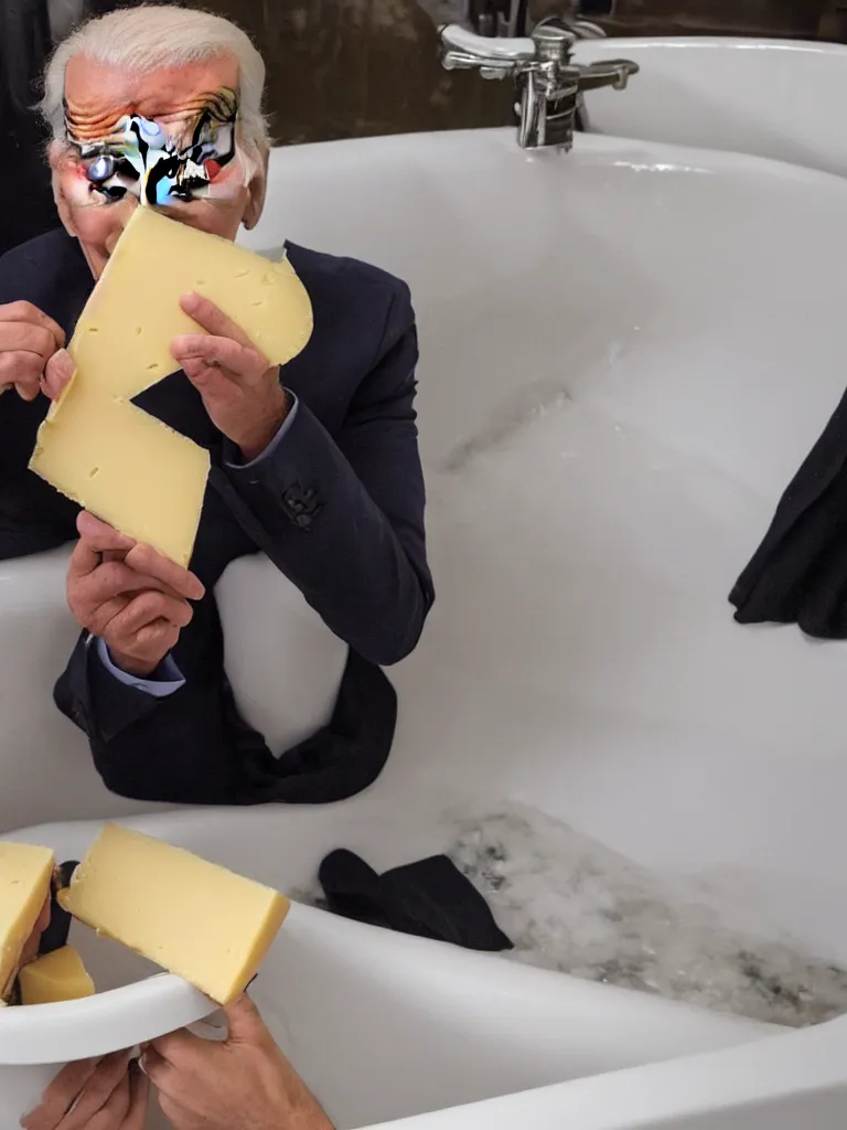 Image similar to Joe Biden eating cheese in a bathtub