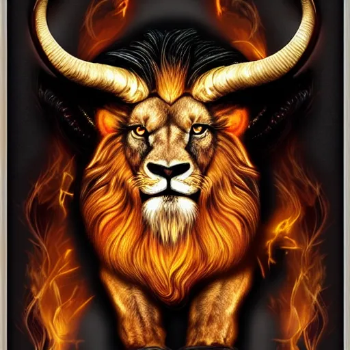 Image similar to aries horned ram lion's mane on fire morph omega animal