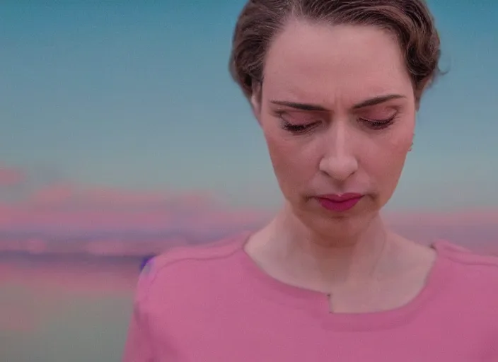 Image similar to cinematic mid shot of a high detail, refined woman's face looking off camera. fine facial features. she stands in an empty, pastel colourful 3 d, lake scene, shallow depth of field, floating in the sky, by jeffrey smart and gregory crewdson and edward hopper, inspired by the grand budapest hotel