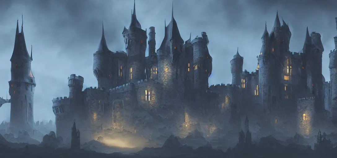 Image similar to A digital concept art painting of a dark blue medieval fantasy european ghotic castle with black brick in desert, 4K UHD image, unreal engine, Graphic Novel, Visual Novel