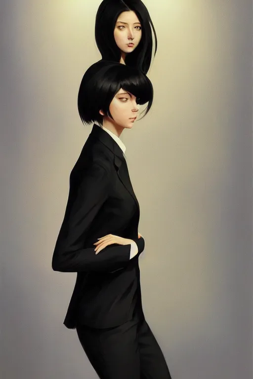 Image similar to a ultradetailed beautiful panting of a stylish woman wearing a black loose fit suit with a tie, oil painting, by ilya kuvshinov, greg rutkowski and makoto shinkai, trending on artstation