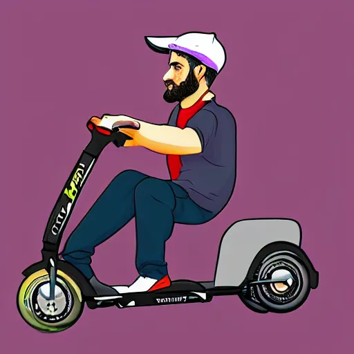 Image similar to ethan klein from h3h3 riding a mobility scooter, high quality digital art