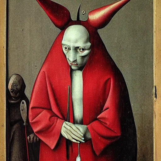 Prompt: Stunning and highly detailed portrait of the devil in human disguise wearing a red doublet Hieronymus Bosch