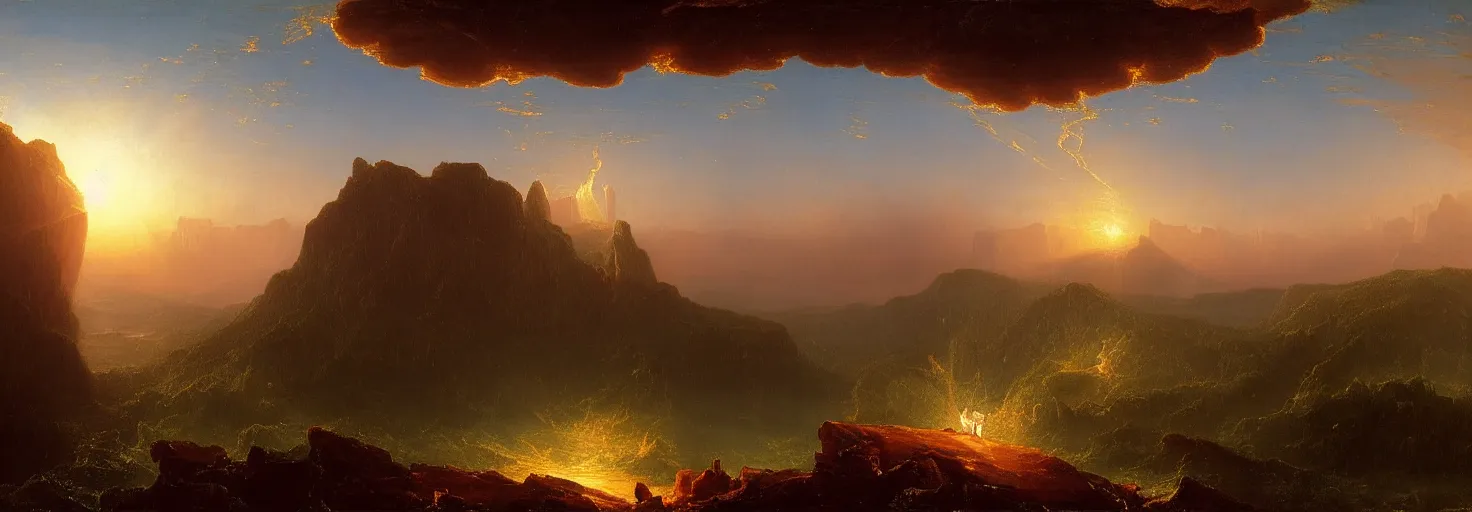 Image similar to a surreal and awe-inspiring thomas cole and albert Bierstadt digital art panoramic landscape painting at sunset of Icarus in a firey tailspin while Daedalus looks on in disbelief, unreal engine, 4k, matte