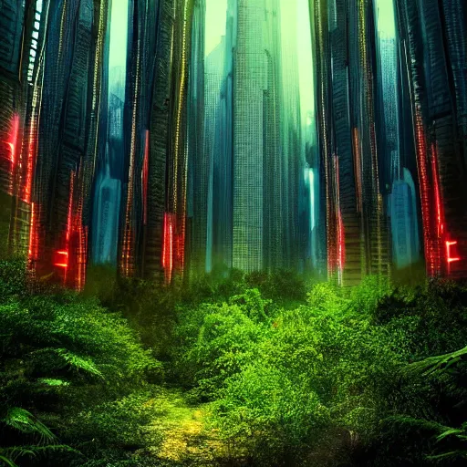 Image similar to forest surrounded by futuristic city