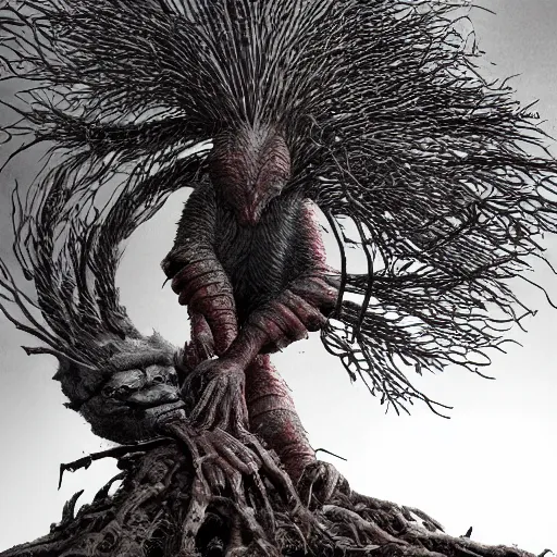 Prompt: the shrike, a cruel sadistic creature, impales its victims upon the tree of pain, an immense structure made of a similar material as the entity, hyperrealist, breathtaking, groundbreaking, cinematic, dramatic, conceptual art, fan art, dark fantasy, intricate digital art, zoomorphic, alien, 8 k, trending on artstation