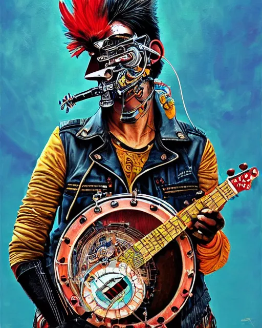 Prompt: a portrait of an anthropomorphic cyberpunk rooster strumming a banjo by sandra chevrier, by jon foster, detailed render, tape deck, epic composition, cybernetics, 4 k realistic, cryengine, realistic shaded lighting, sharp focus, masterpiece, by enki bilal