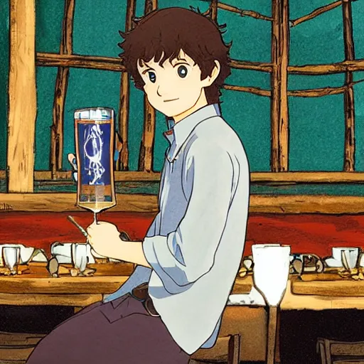 Prompt: Frodo drinking a pint from a wooden mug at the Prancing Pony Inn, illustrated by Makoto Shinkai, manga art