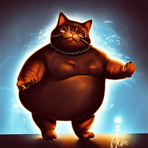 Image similar to Cute digital art depicting a fat cat as The Terminator (1984), glowing eyes