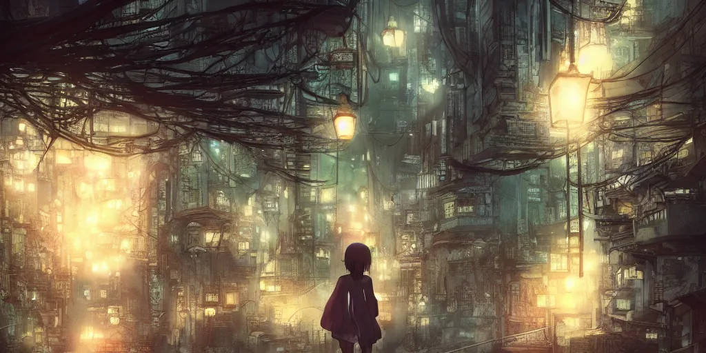 Image similar to anime, incredible wide screenshot, ultrawide, watercolor, paper texture, intricate, very detailed, ghost in the shell movie scene, girl in a dress walking the beautiful forest town, lanterns, wood bridges, night outdoors, fireflies, fog, dust