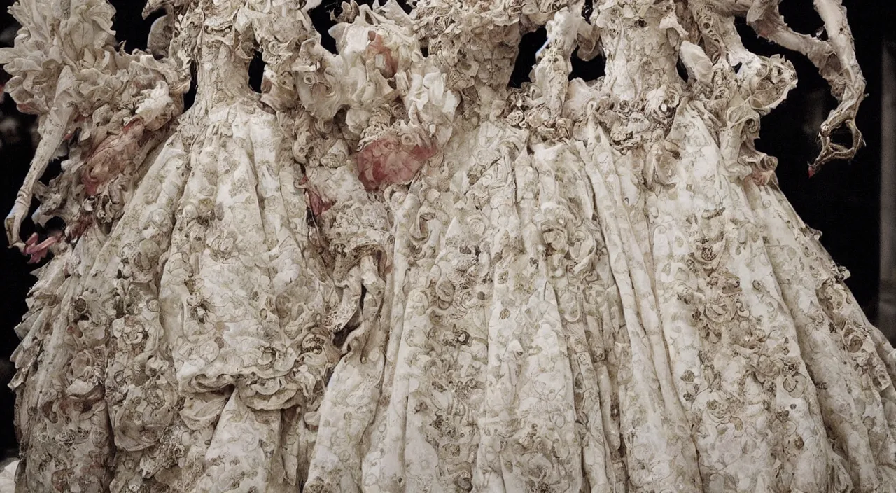 Image similar to fashion design inpired by fairy tale, for dragon queen, designed by alexander mcqueen, rococo