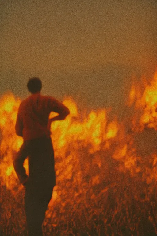 Prompt: kodak ultramax 4 0 0 photograph of a guy standing in a field of fire, back view, grain, faded effect, vintage aesthetic, cel shading, toon shading