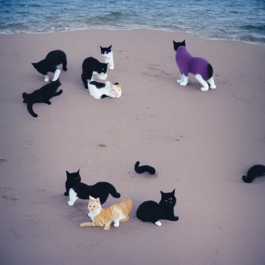 Image similar to cats on a purple beach, kodak gold 200,