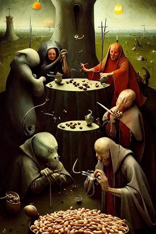 Image similar to hieronymus bosch, greg rutkowski, anna podedworna, painting of a vtubers eating beans