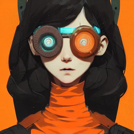 Prompt: Highly detailed portrait of a cyberpunk young lady with, freckles and wavy hair by Atey Ghailan, by Loish, by Bryan Lee O'Malley, by Cliff Chiang, by Greg Rutkowski, inspired by image comics, inspired by graphic novel cover art, inspired by nier!! Gradient orange color scheme ((grafitti tag brick wall background)), trending on artstation