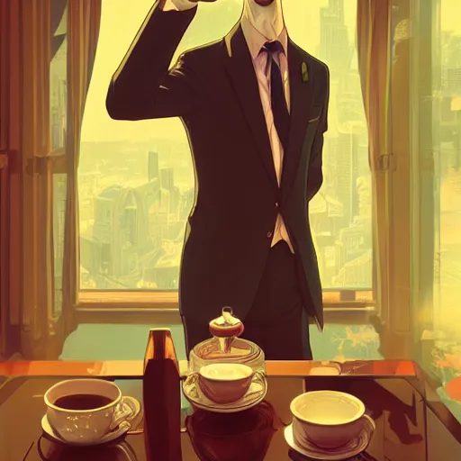 Image similar to a weasel in a suit was drinking tea, surrounded by tea houses ambient lighting, 4 k, lois van baarle, ilya kuvshinov, rossdraws, alphonse mucha, jung gi kim, artstation
