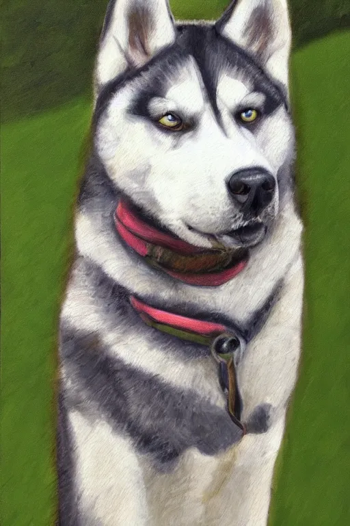 Image similar to portrait painting of a husky wearing a white vest