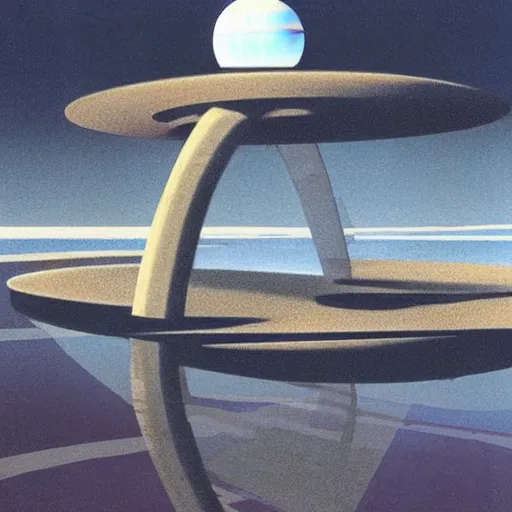 Image similar to a giant metal sphere, addorned with canadian aboriginal patterns!!!!!!!, hovering above a lake in Yukon, Ralph McQuarrie, concept art, dramatic perspective.