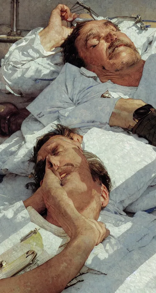 Image similar to close up of an exhausted surgeon asleep, sun shining, photo realistic illustration by greg rutkowski, thomas kindkade, alphonse mucha, loish, norman rockwell.