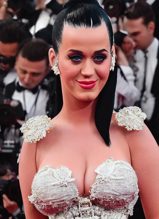 Image similar to cinematic photography of pregnant katy perry in a white dress, intricate, elegant, highly detailed, smooth, sharp focus, symmetrical face, fine details, masterpiece, trending on artstation, 4 k hdr 3 5 mm photography