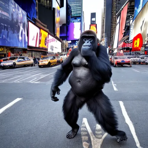 Image similar to a gorilla crossing the street in times square, 4 k photograph, high definition, flattering lighting, low depth of field