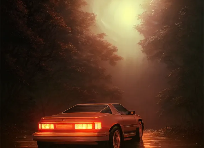 Image similar to detailed intricate digital illustration by greg rutkowski and artgerm and wlop and sanford robinson gifford ; 1 9 9 4 vehicle, glowing headlights ; 1 3 mm film, wide angle arri alfa anamorphic lens ; sharp focus, soft evening lighting