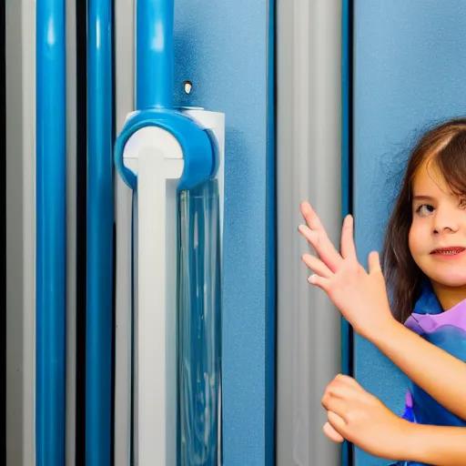 Prompt: a girl's hand on an air conditioner in a room, outside another air conditioner on the terrace connected by transparent tubes with a blue liquid