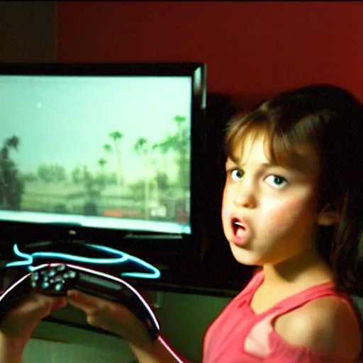 Prompt: 2 0 0 4 home video, grainy 2 4 0 p footage, angriest girl, angry girl flipping the bird, playing video game, bad video game