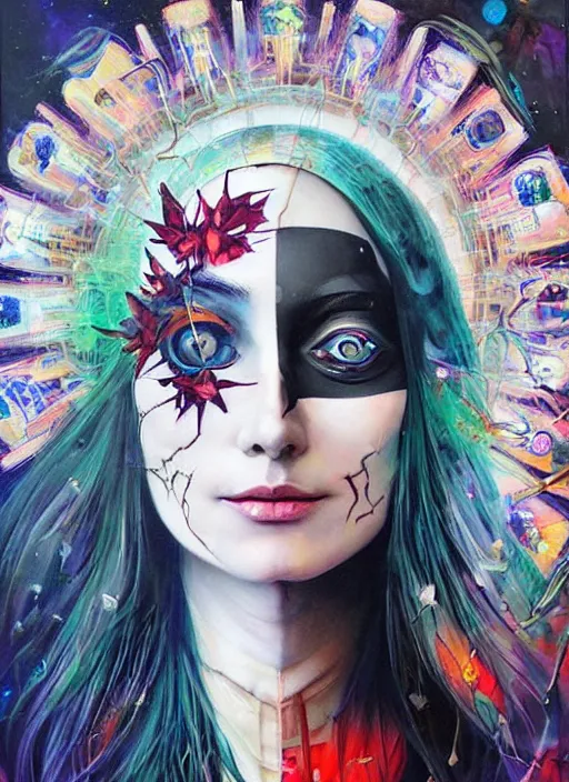 Image similar to gorgeous magic cult psychic woman smiling, third eye, subjective consciousness psychedelic, epic surrealism expressionism symbolism, story telling, iconic, dark robed, oil painting, symmetrical face, dark myth mythos, by Sandra Chevrier, Noriyoshi Ohrai masterpiece