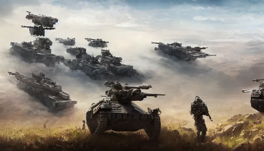 Prompt: troops on a hill watching war in the distance, jet fighters and tanks, hyperdetailed, artstation, cgsociety, 8 k