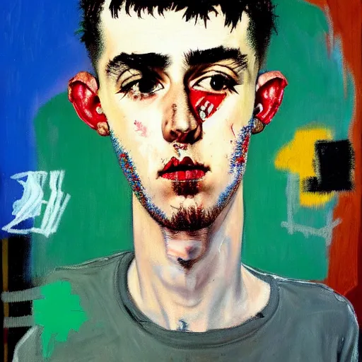 Image similar to detailed neo expressionism oil painting of sad boy lil peep rapper by basquiat and norman rockwell