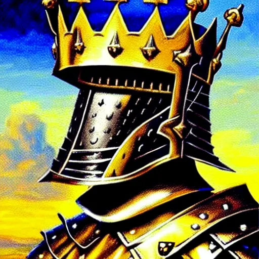 Image similar to knights armor, donald trump, crown!!!!!!, donald trump's face, detailed face, painting of a knight, boots!!!!!!, medieval castle background, valiant, by hans thoma