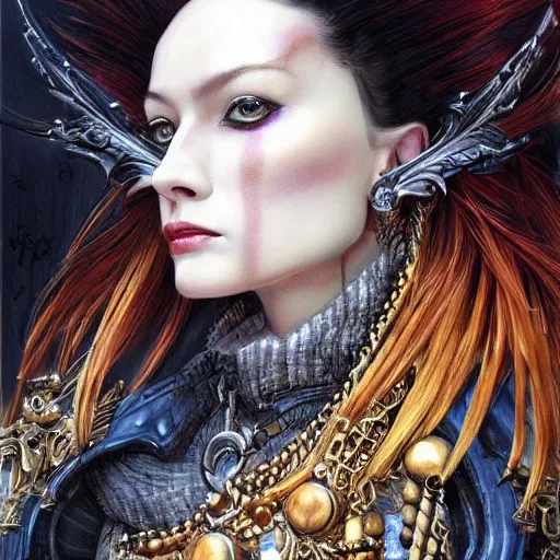 Image similar to portrait, headshot, insanely nice professional hair style, dramatic hair color, digital painting, of a old 17th century, old cyborg merchant, amber jewels, baroque, ornate clothing, scifi, realistic, hyperdetailed, chiaroscuro, concept art, art by Franz Hals and Jon Foster and Ayami Kojima and Amano and Karol Bak,