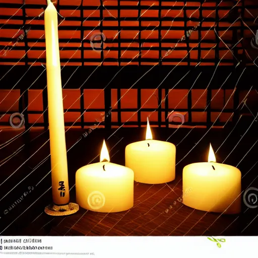 Image similar to dark image of Japanese temple, candles, 8k high detail,