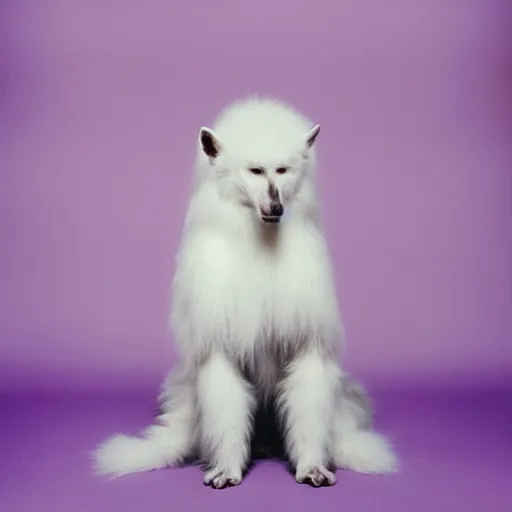 Image similar to a photo of a white fur monster standing in a purple room