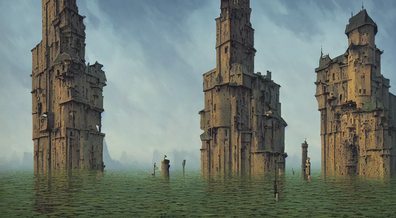 Prompt: a high contrast!!! painting of a flooded ancient tower by rene magritte andrew ferez simon stalenhag carl spitzweg jim burns, full-length view, vibrant colors, symmetry, great composition, high detail, cinematic lighting, award winning masterpiece, trending on artstation
