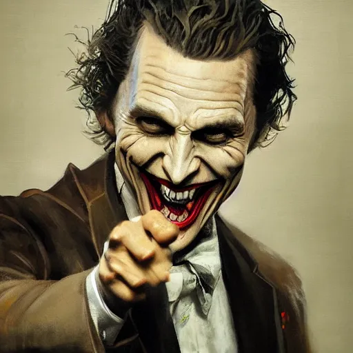 Image similar to matthew mcconaughey as joker, dynamic pose, painted by wenjun lin, greg rutkowski