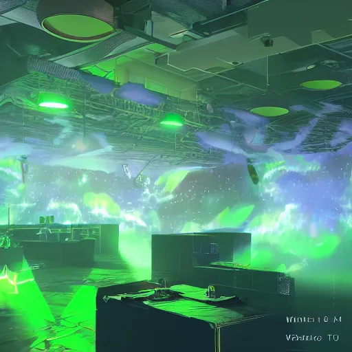 Prompt: holy metaverse party in virtual venue hall, vibrant clouds, volumetric light, green and yellow colors, digital art, artstation