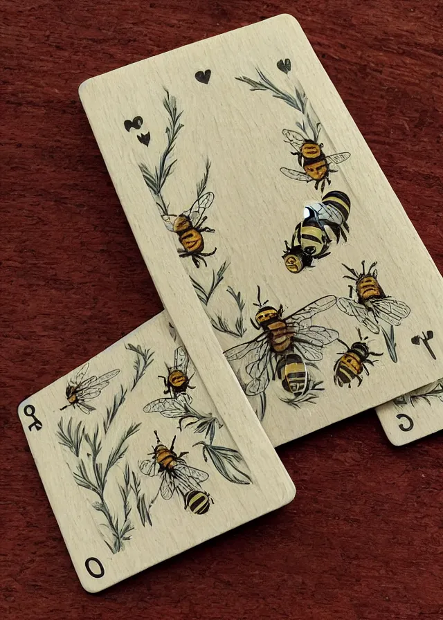 Image similar to 5 of bees, woodblock playing card