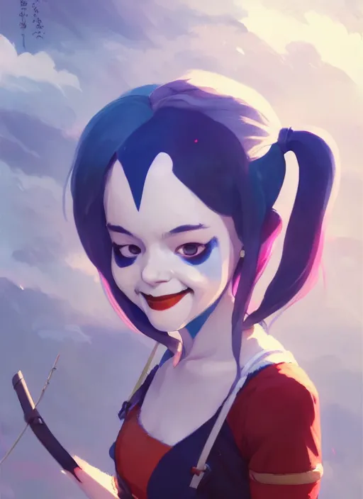 Image similar to portrait of cute harley quinn, cloudy sky background lush landscape illustration concept art anime key visual trending pixiv fanbox by wlop and greg rutkowski and makoto shinkai and studio ghibli