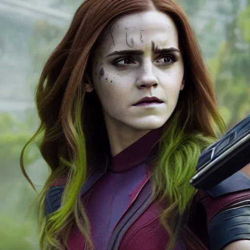 Image similar to Film still of Emma Watson as Gamora, from Guardians of the Galaxy Vol. 2 (2017), full shot