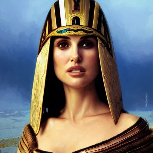 Image similar to a closeup portrait of a young natalie portman as cleopatra, gorgeous view, pyramid background, high detail, art by artgerm and greg rutkowski and alphonse mucha, digital art, trending on artstation