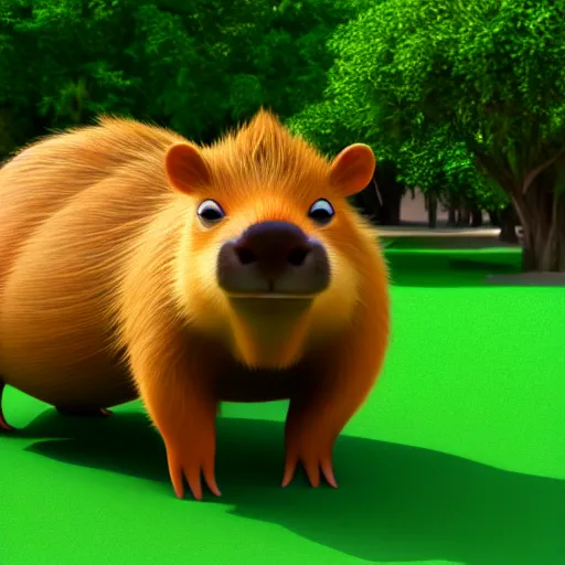 Image similar to disney pixar style capybara, 3D animation, 4k render