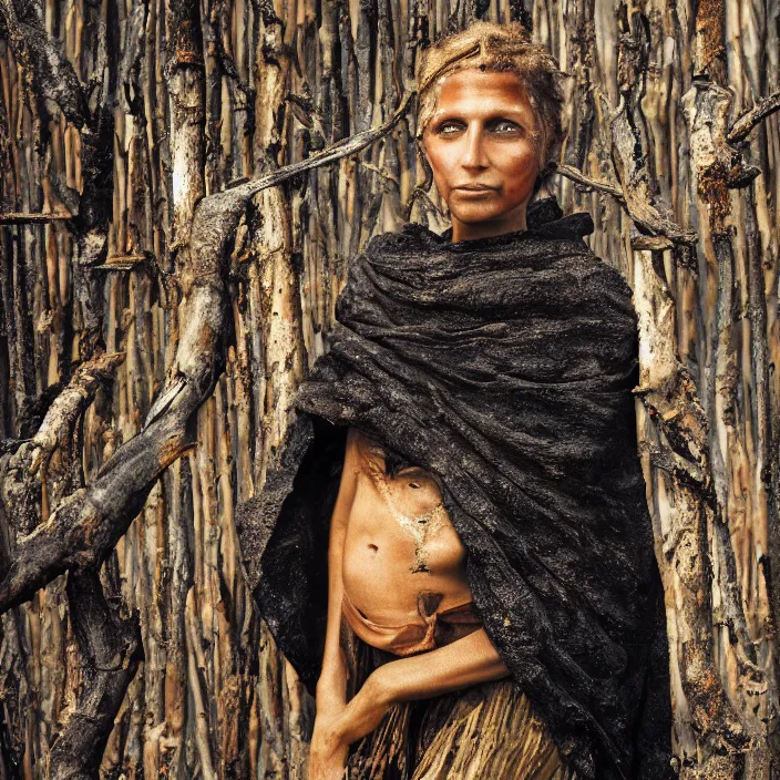 Prompt: portrait of a woman wearing a cloak of scrap metal in a charred, burnt forest, by Annie Leibovitz and Steve McCurry, natural light, detailed face, CANON Eos C300, ƒ1.8, 35mm, 8K, medium-format print