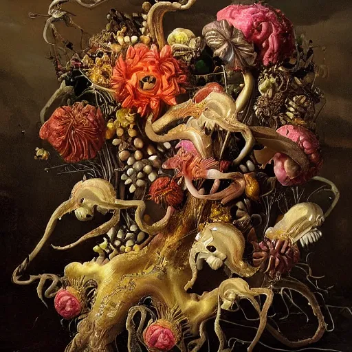 Image similar to disgusting disturbing dutch golden age bizarre mutant flower floral still life with many human toes realistic human toes blossoming everywhere insects very detailed fungus tumor disturbing tendrils bizarre slimy forms sprouting up everywhere by rachel ruysch christian rex van minnen black background chiaroscuro dramatic lighting perfect composition high definition 8 k 1 0 8 0 p
