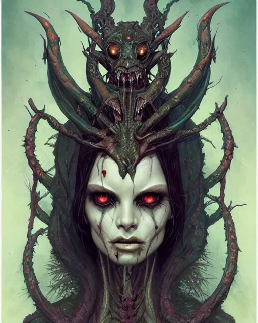 Image similar to perfectly centered portrait front view of a angry dead rotten beautiful female daemon growing ornamentation, ornate, detailed, symmetrical, elegant, beautifully soft lit, by wayne barlowe, peter mohrbacher, kelly mckernan