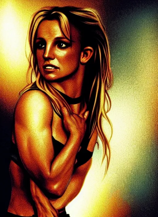 Image similar to A film still of Britney Spears as John Mcclane in die hard, highly detailed, digital painting, artstation, concept art, sharp focus, illustration, cinematic lighting, art by artgerm and greg rutkowski and alphonse mucha diffuse lighting, fantasy, intricate, elegant, highly detailed, lifelike, photorealistic, digital painting, artstation, illustration, concept art, smooth, sharp focus, art by John Collier and Albert Aublet and Krenz Cushart and Artem Demura and Alphonse Mucha